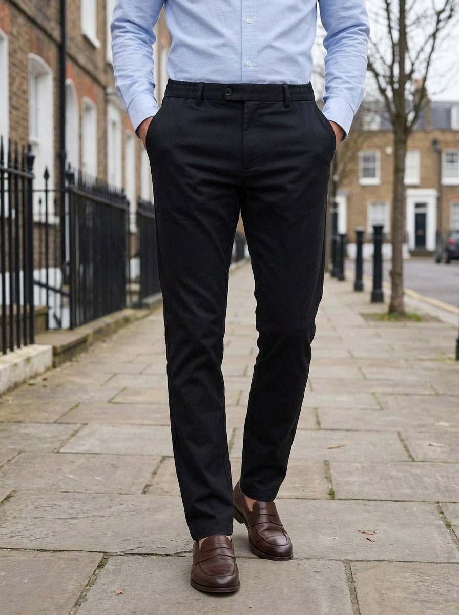 Dashiell elastic waist stretch trousers in Black, lifestyle on a street of brick row houses, Gentlemens Manor