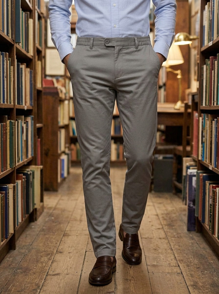 Dashiell elastic waist stretch trousers in Grey, lifestyle in a secondhand bookshop, Gentlemens Manor