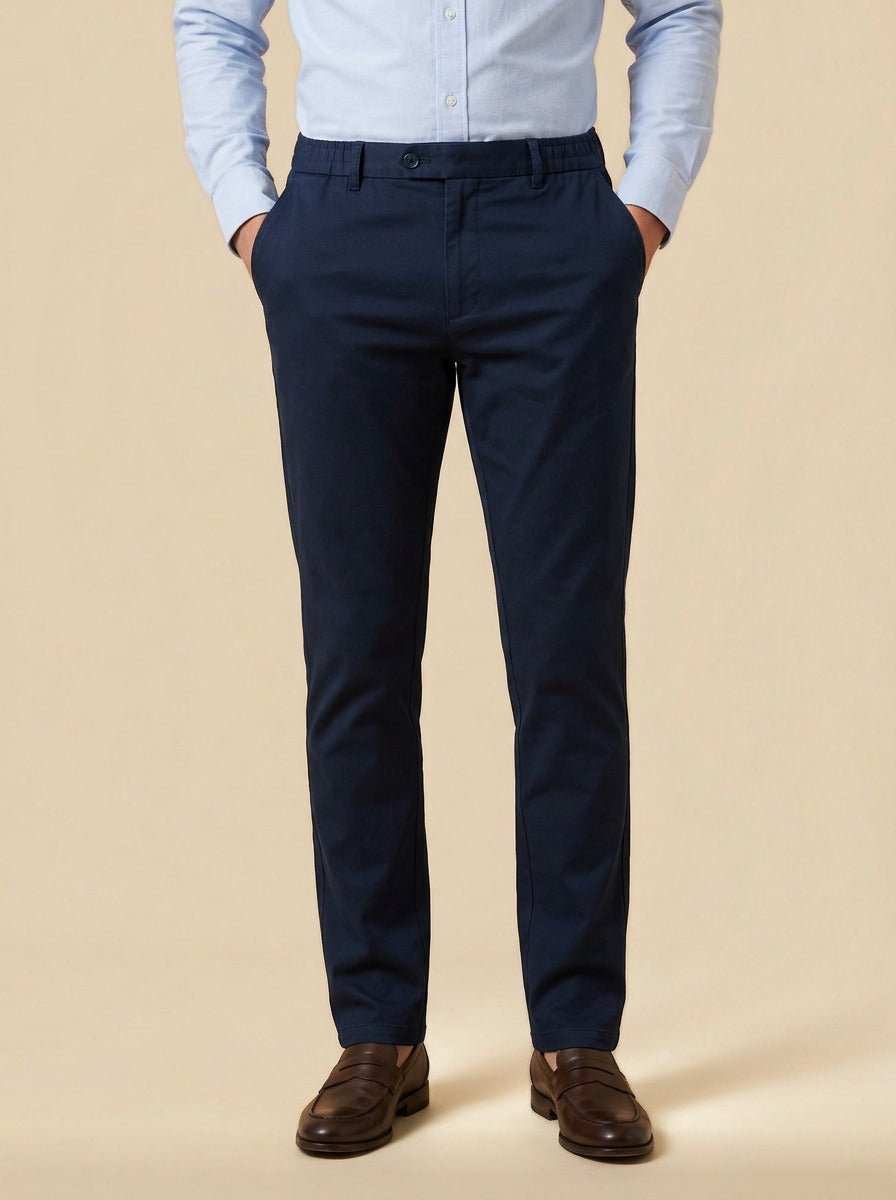 Dashiell elastic waist stretch trousers in Navy, studio, Gentlemens Manor