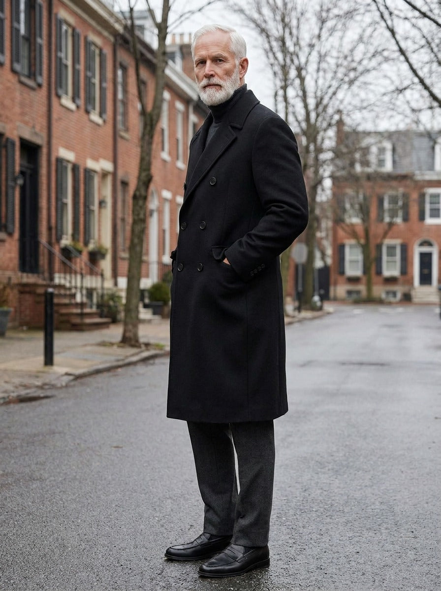Davenport overcoat in Black, lifestyle on a street of brick row houses, Gentlemens Manor