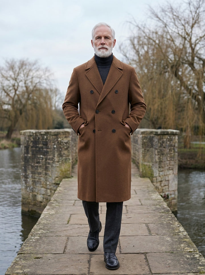Davenport overcoat in Brown, lifestyle on a stone footbridge, Gentlemens Manor
