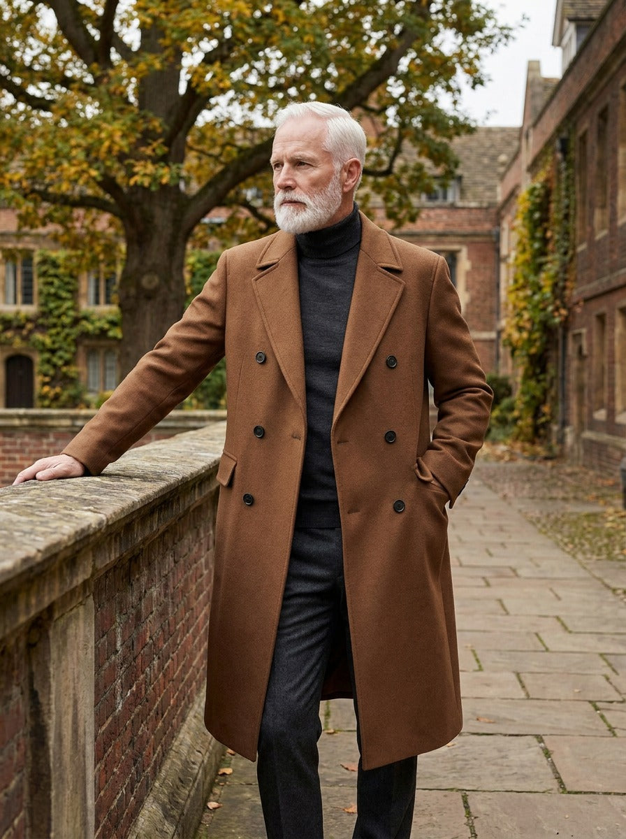 Davenport overcoat in Brown, lifestyle in a brick college courtyard, Gentlemens Manor