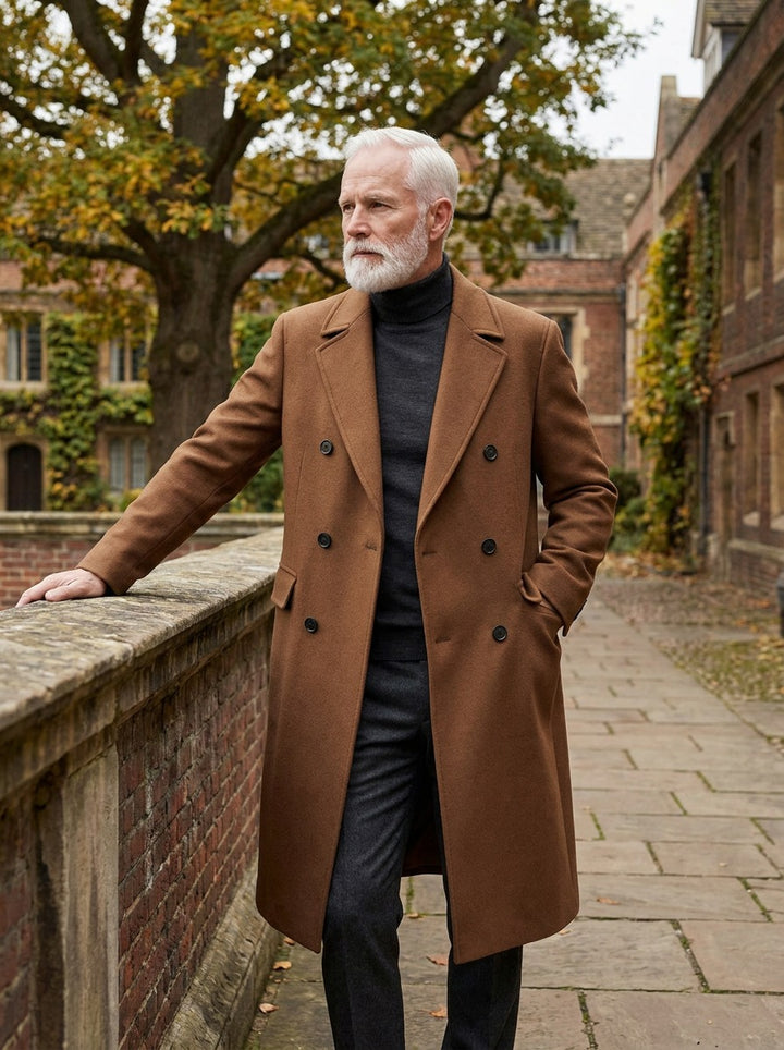 Davenport overcoat in Brown, lifestyle in a brick college courtyard, Gentlemens Manor