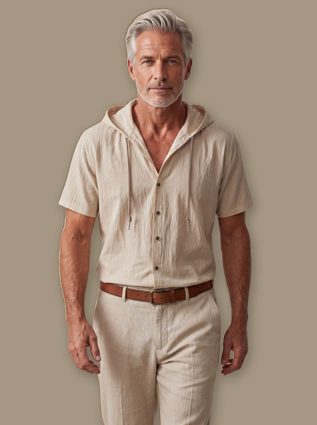 Dawson linen shirt in Sand, worn by a model on a warm taupe studio background - Gentlemens Manor