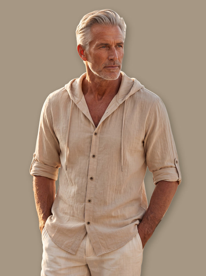 Dawson linen shirt in Sand, studio - Gentlemens Manor