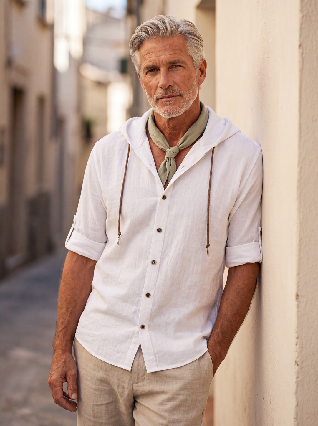 Dawson Men linen shirt in white, worn by a model on a Mediterranean terrace - Gentlemens Manor lifestyle