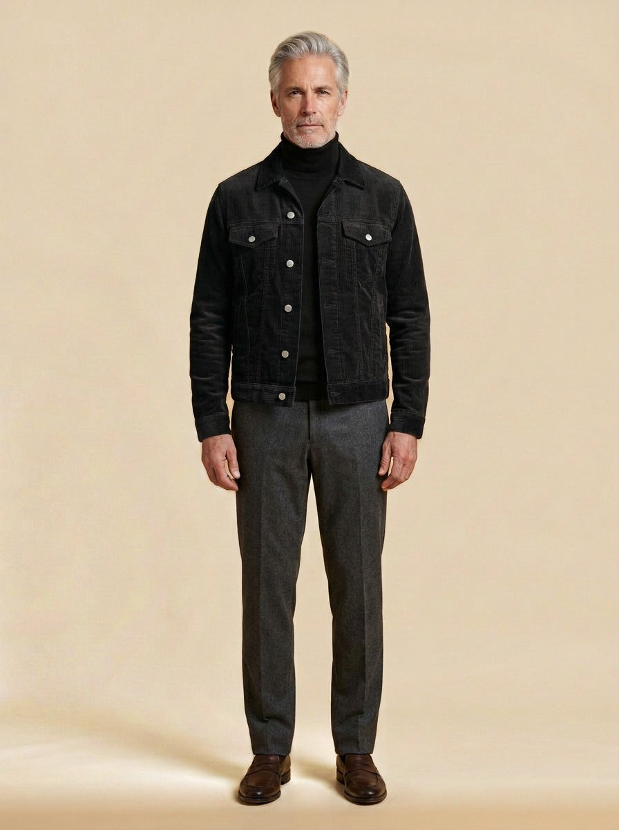Deacon corduroy trucker jacket in Black, studio, Gentlemens Manor