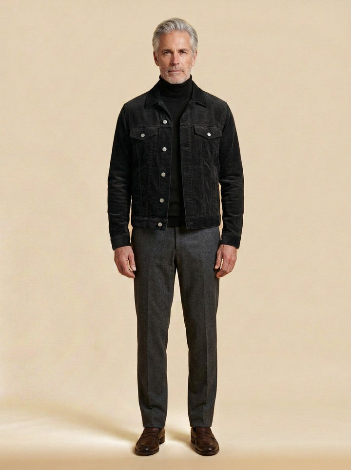 Deacon corduroy trucker jacket in Black, studio, Gentlemens Manor