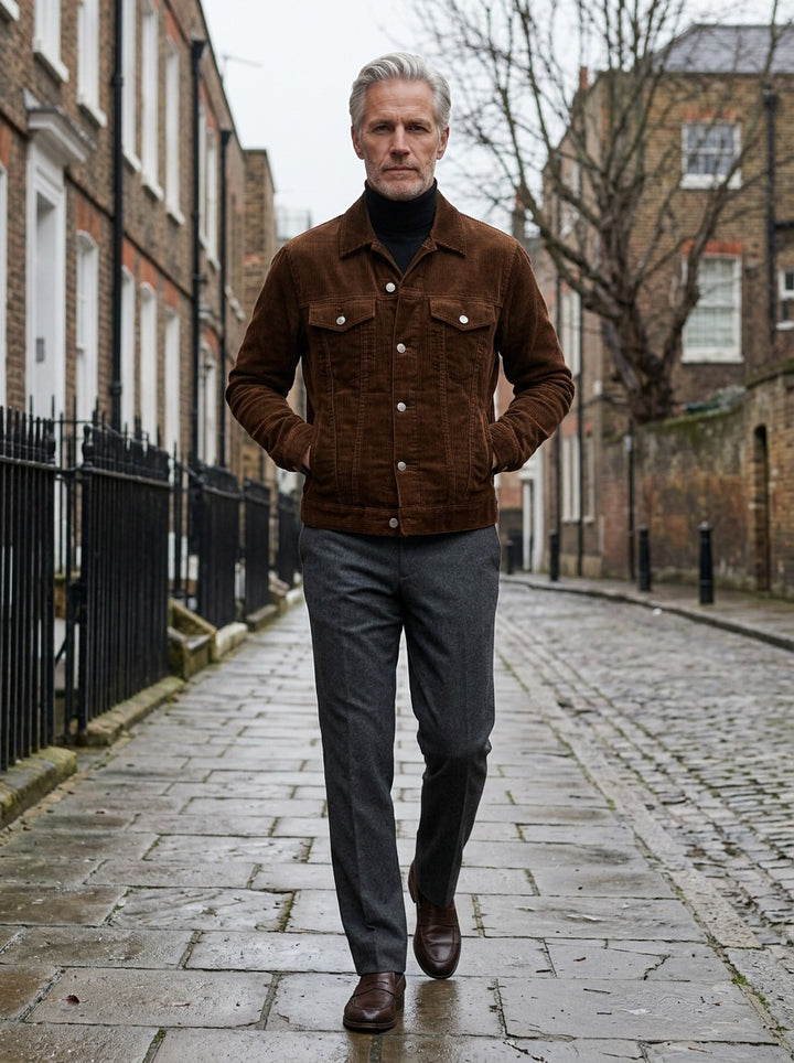 Deacon corduroy trucker jacket in Brown, lifestyle on a street of brick row houses, Gentlemens Manor