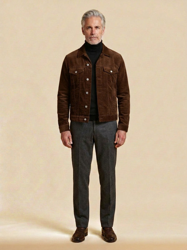 Deacon corduroy trucker jacket in Brown, studio, Gentlemens Manor