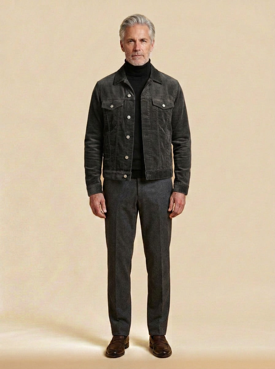 Deacon corduroy trucker jacket in Charcoal, studio, Gentlemens Manor