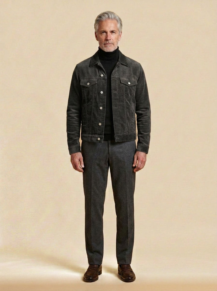Deacon corduroy trucker jacket in Charcoal, studio, Gentlemens Manor