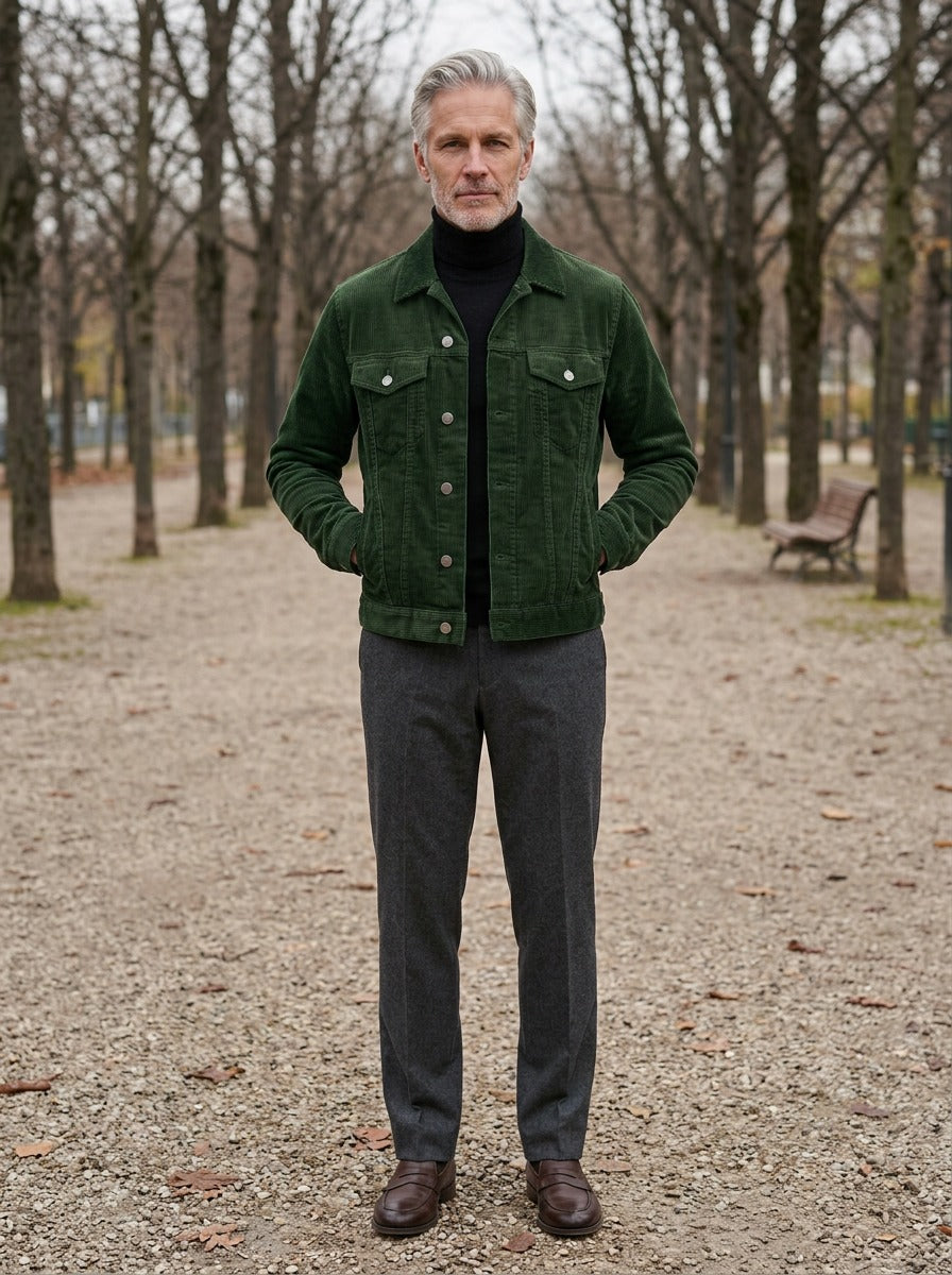 Deacon corduroy trucker jacket in Green, lifestyle on a park path, Gentlemens Manor