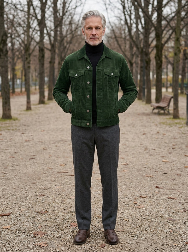 Deacon corduroy trucker jacket in Green, lifestyle on a park path, Gentlemens Manor