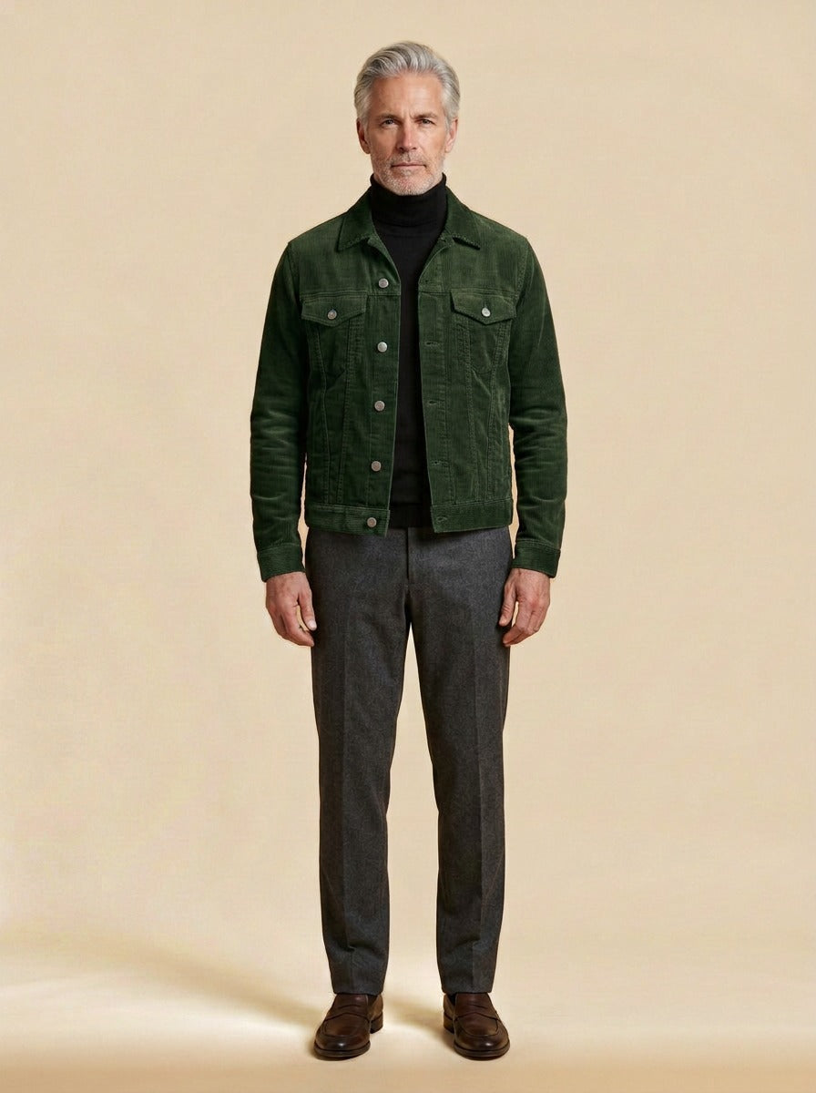 Deacon corduroy trucker jacket in Green, studio, Gentlemens Manor
