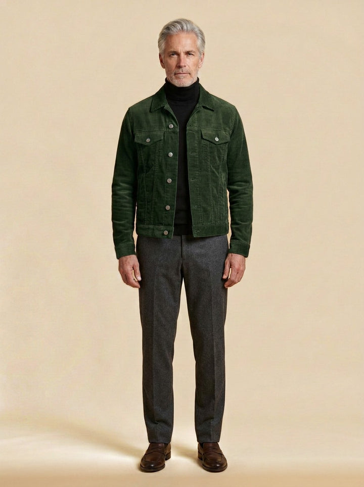 Deacon corduroy trucker jacket in Green, studio, Gentlemens Manor