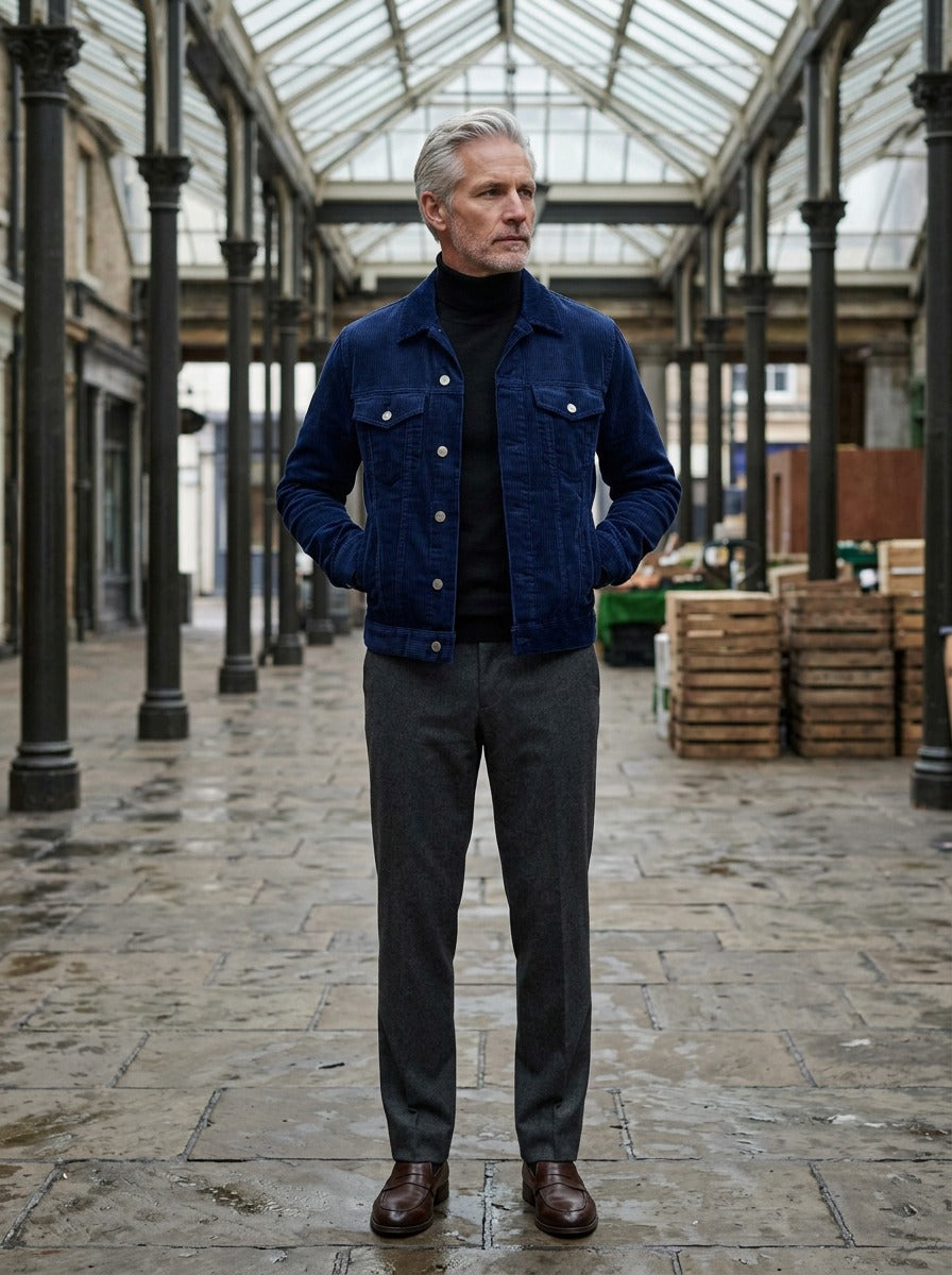 Deacon corduroy trucker jacket in Navy, lifestyle in a covered market hall, Gentlemens Manor