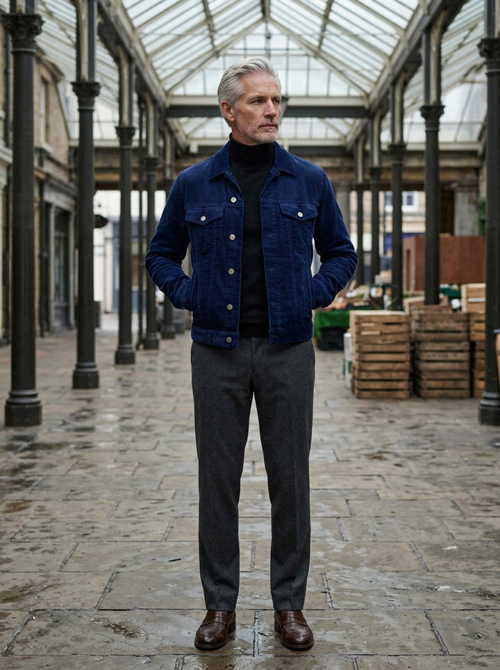 Deacon corduroy trucker jacket in Navy, lifestyle in a covered market hall, Gentlemens Manor