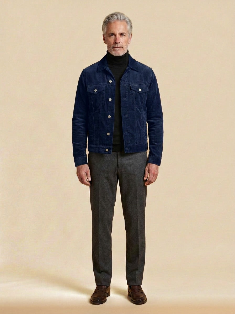 Deacon corduroy trucker jacket in Navy, studio, Gentlemens Manor