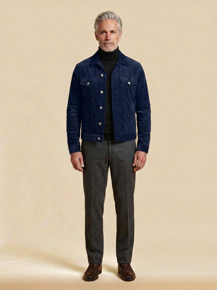 Deacon corduroy trucker jacket in Navy, studio, Gentlemens Manor