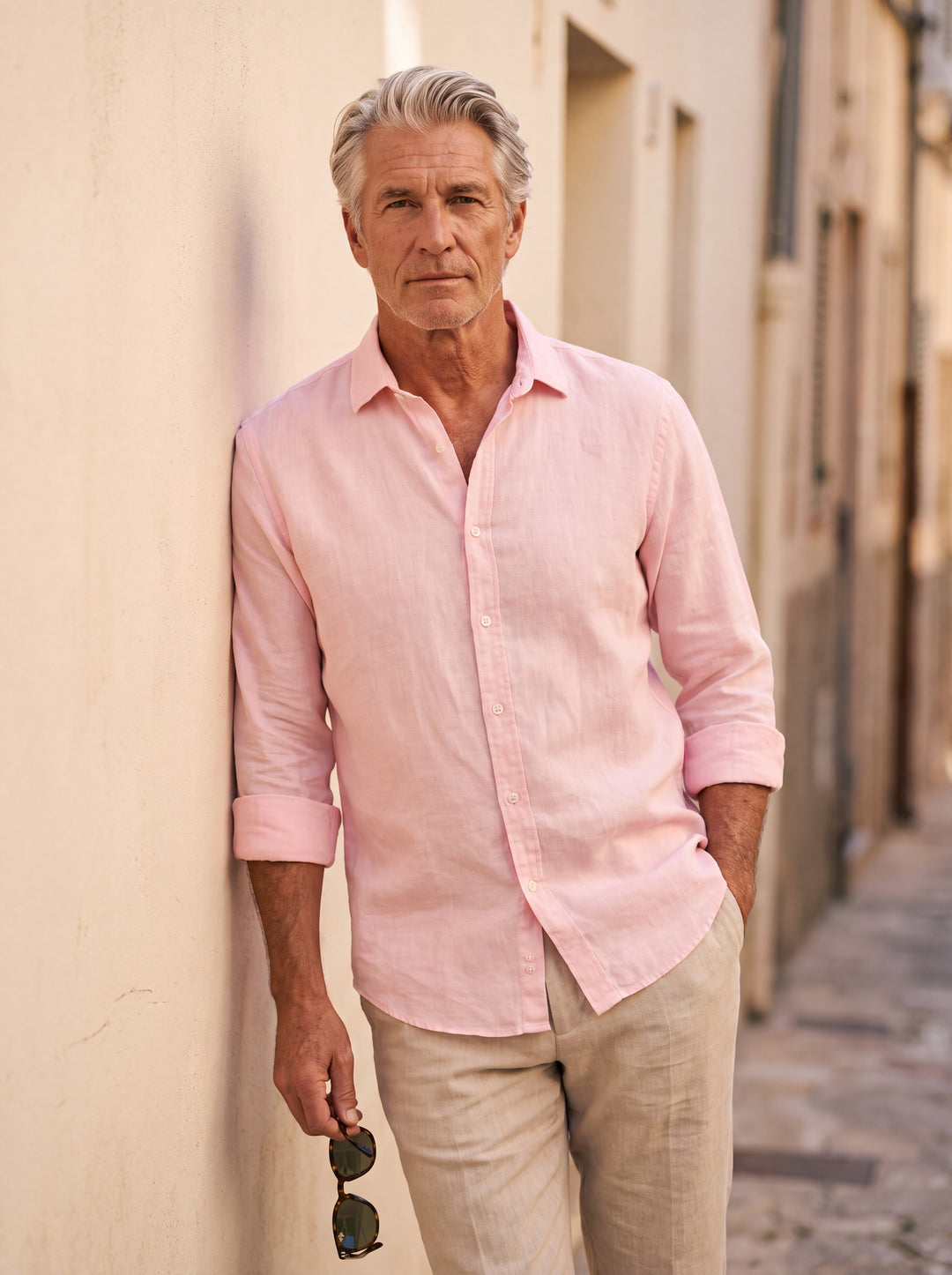 Dean Men linen shirt in pink, worn by a model on a Mediterranean terrace - Gentlemens Manor lifestyle