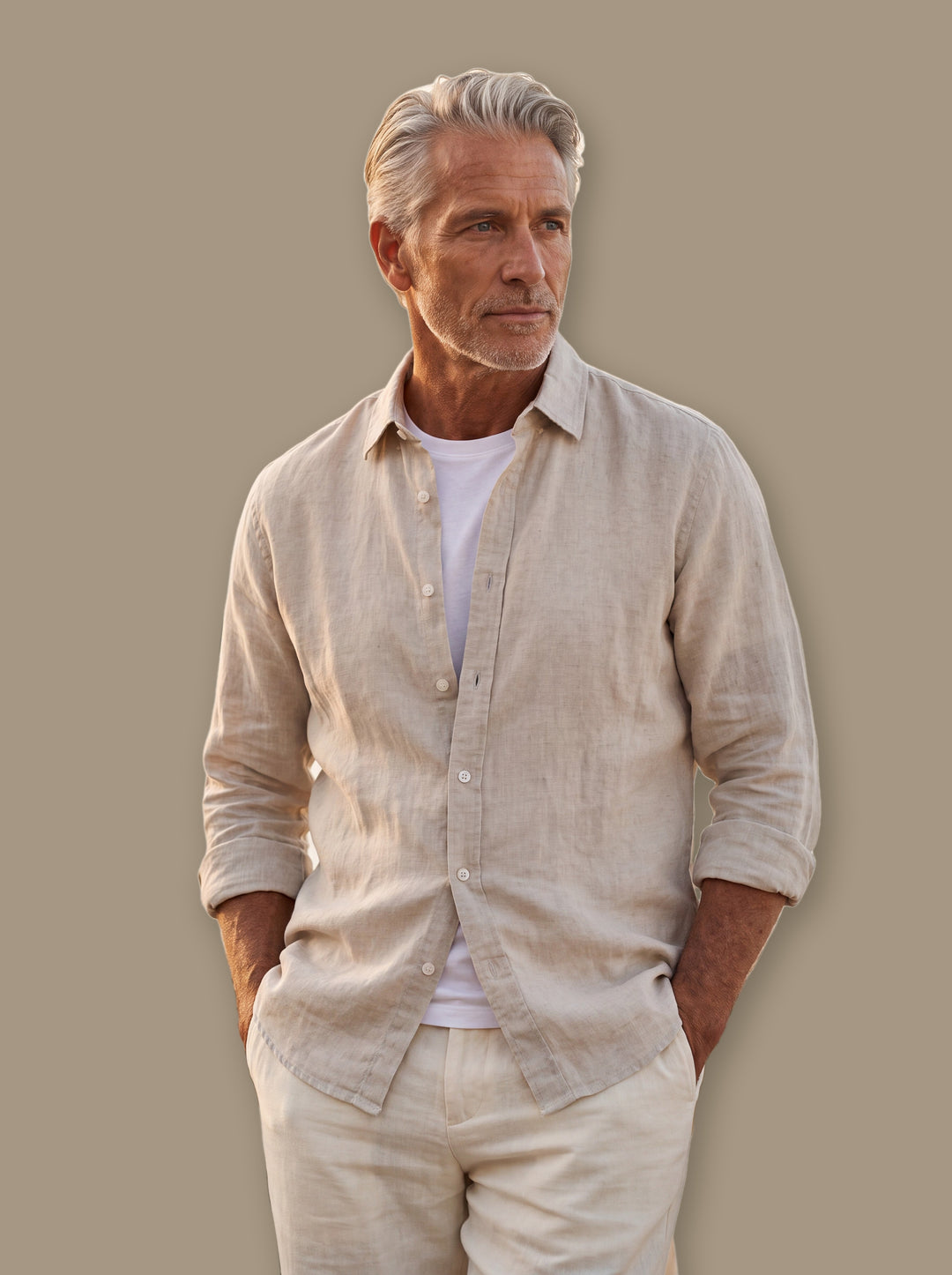 Dean linen shirt in Sand, studio - Gentlemens Manor