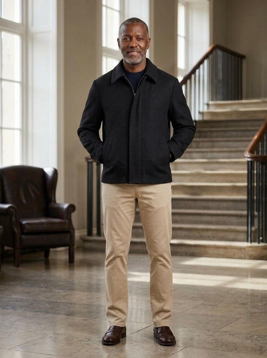Dempsey wool blend zip front jacket in Black, lifestyle in a hotel lobby, Gentlemens Manor