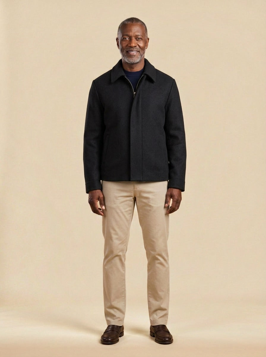 Dempsey wool blend zip front jacket in Black, studio, Gentlemens Manor