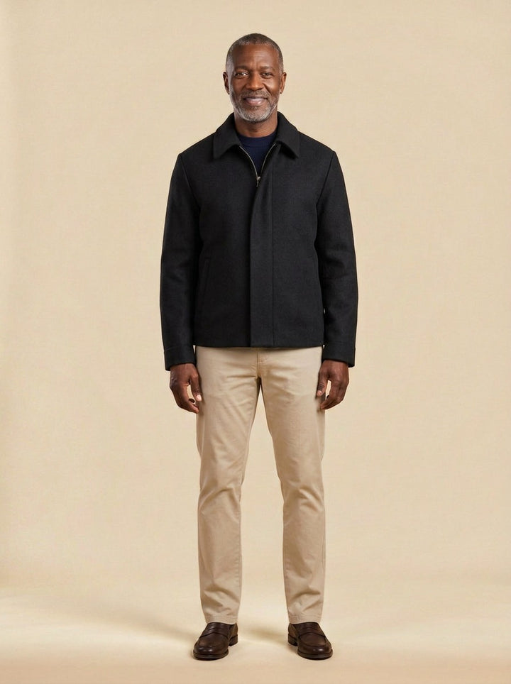 Dempsey wool blend zip front jacket in Black, studio, Gentlemens Manor