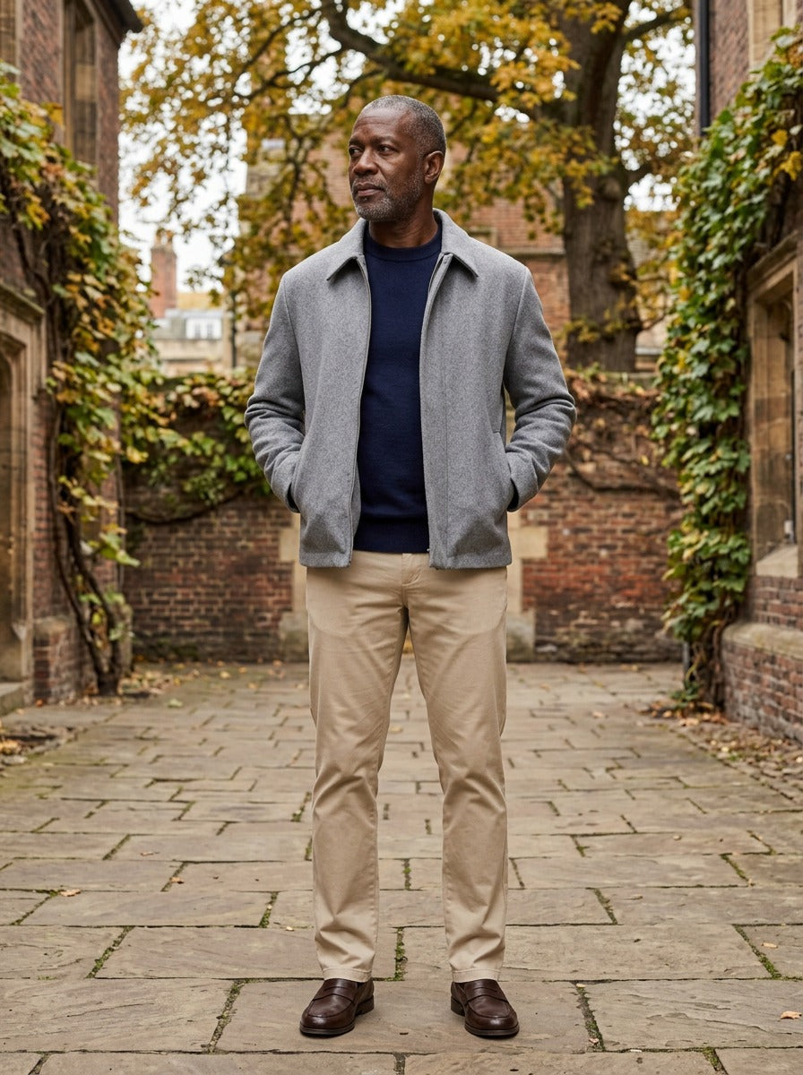 Dempsey wool blend zip front jacket in Grey, lifestyle in a brick college courtyard, Gentlemens Manor