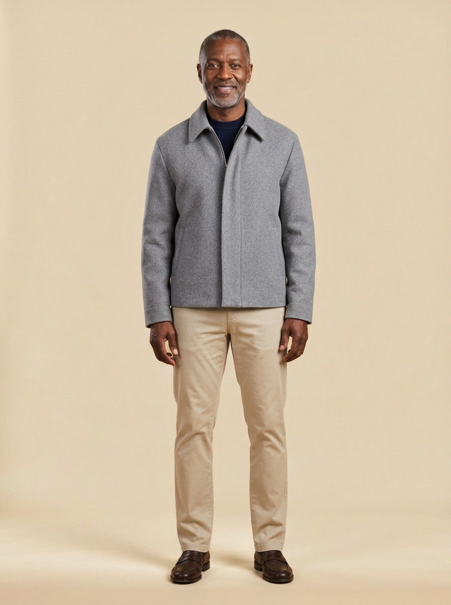 Dempsey wool blend zip front jacket in Grey, studio, Gentlemens Manor