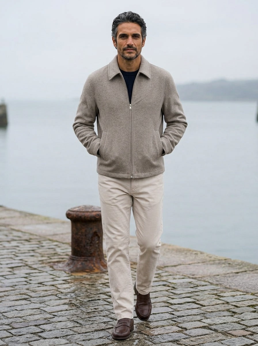Denham textured zip jacket in Beige, lifestyle on a stone harbor quay, Gentlemens Manor