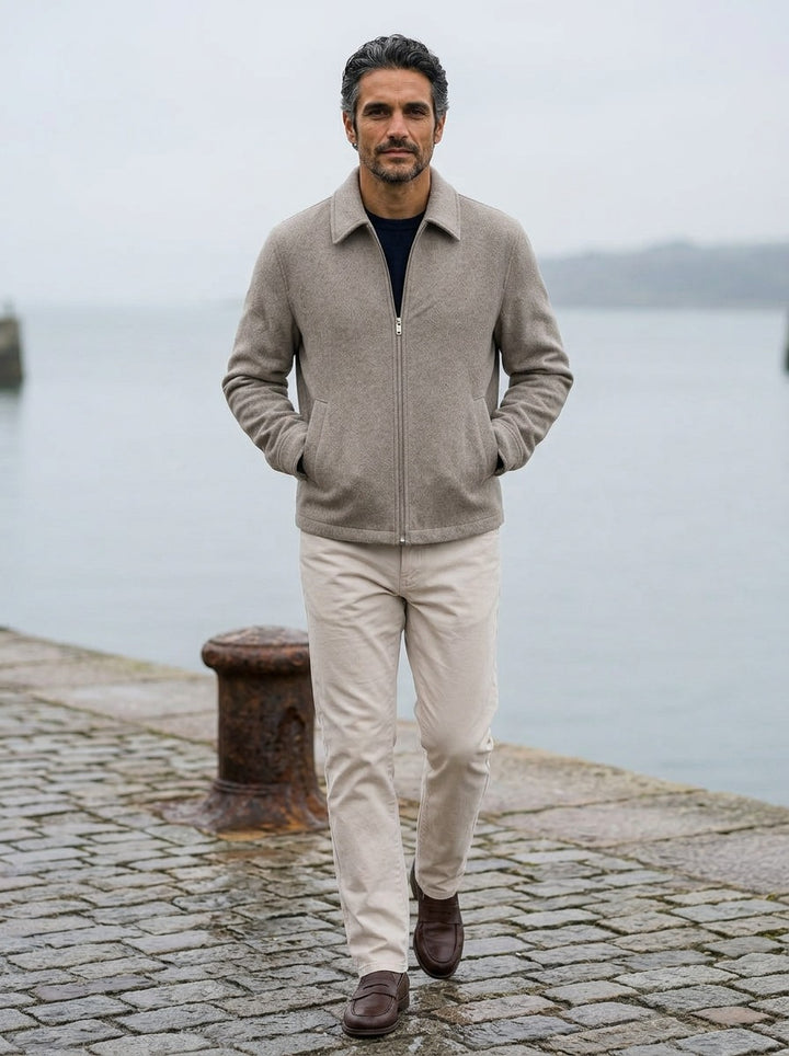 Denham textured zip jacket in Beige, lifestyle on a stone harbor quay, Gentlemens Manor