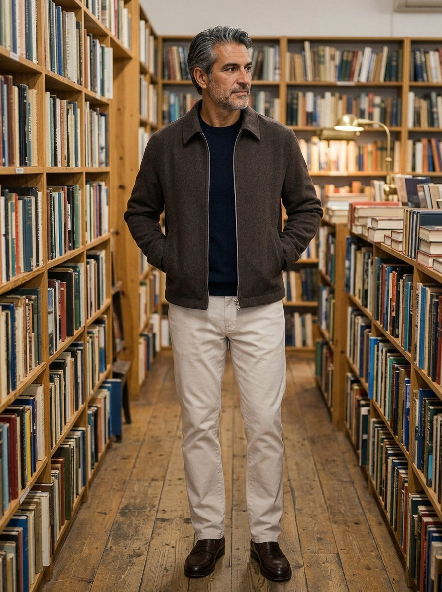Denham textured zip jacket in Dark Brown, lifestyle in a secondhand bookshop, Gentlemens Manor