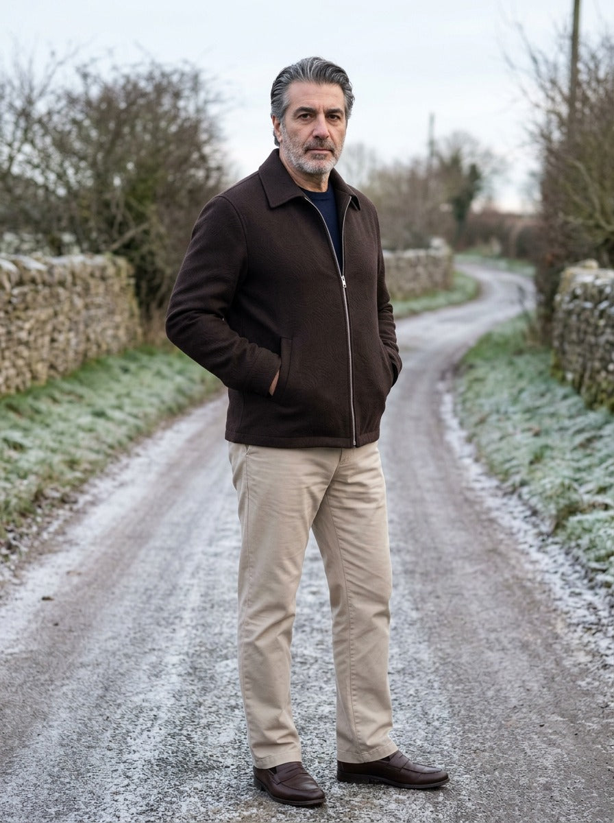 Denham textured zip jacket in Dark Brown, lifestyle on a country lane, Gentlemens Manor