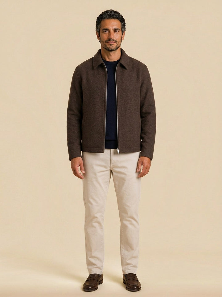 Denham textured zip jacket in Dark Brown, studio, Gentlemens Manor
