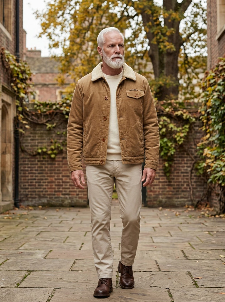 Denton corduroy trucker jacket in Brown, lifestyle in a brick college courtyard, Gentlemens Manor