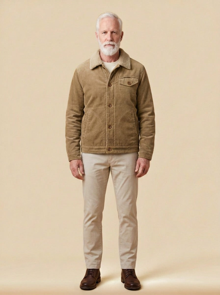 Denton corduroy trucker jacket in Brown, studio, Gentlemens Manor