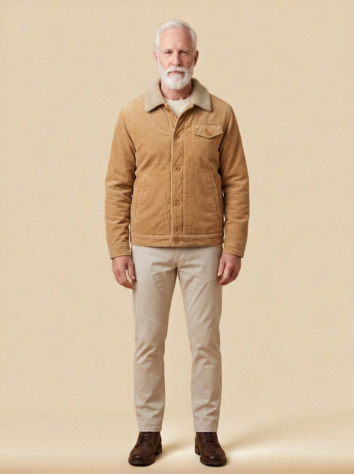 Denton corduroy trucker jacket in Camel, studio, Gentlemens Manor
