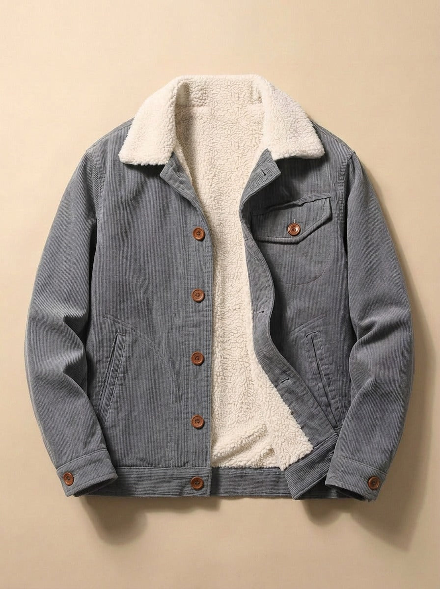 Denton corduroy trucker jacket in Grey, inside view, Gentlemens Manor