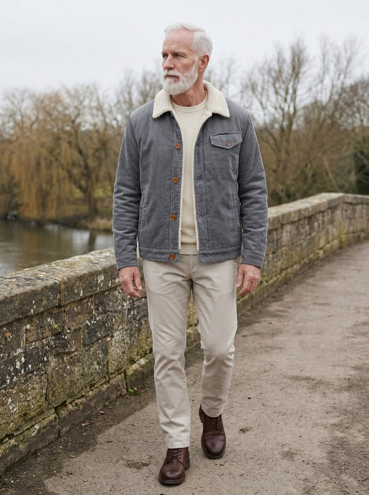 Denton corduroy trucker jacket in Grey, lifestyle on a stone footbridge, Gentlemens Manor