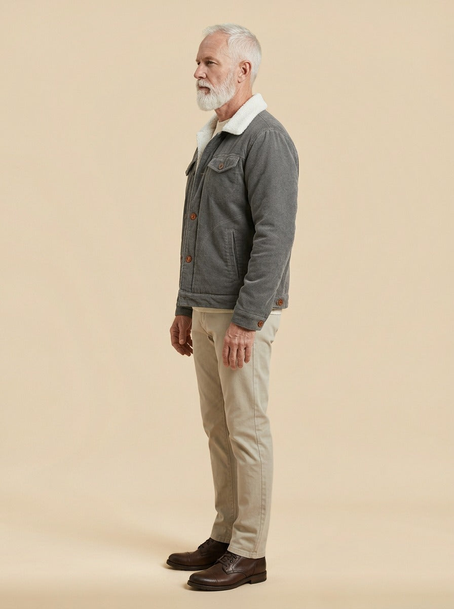 Denton corduroy trucker jacket in Grey, side view, Gentlemens Manor