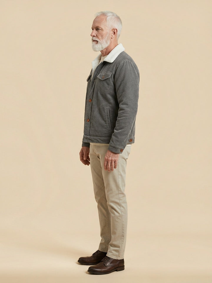 Denton corduroy trucker jacket in Grey, side view, Gentlemens Manor