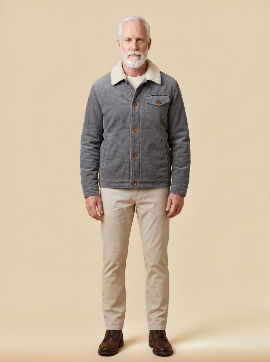 Denton corduroy trucker jacket in Grey, studio, Gentlemens Manor