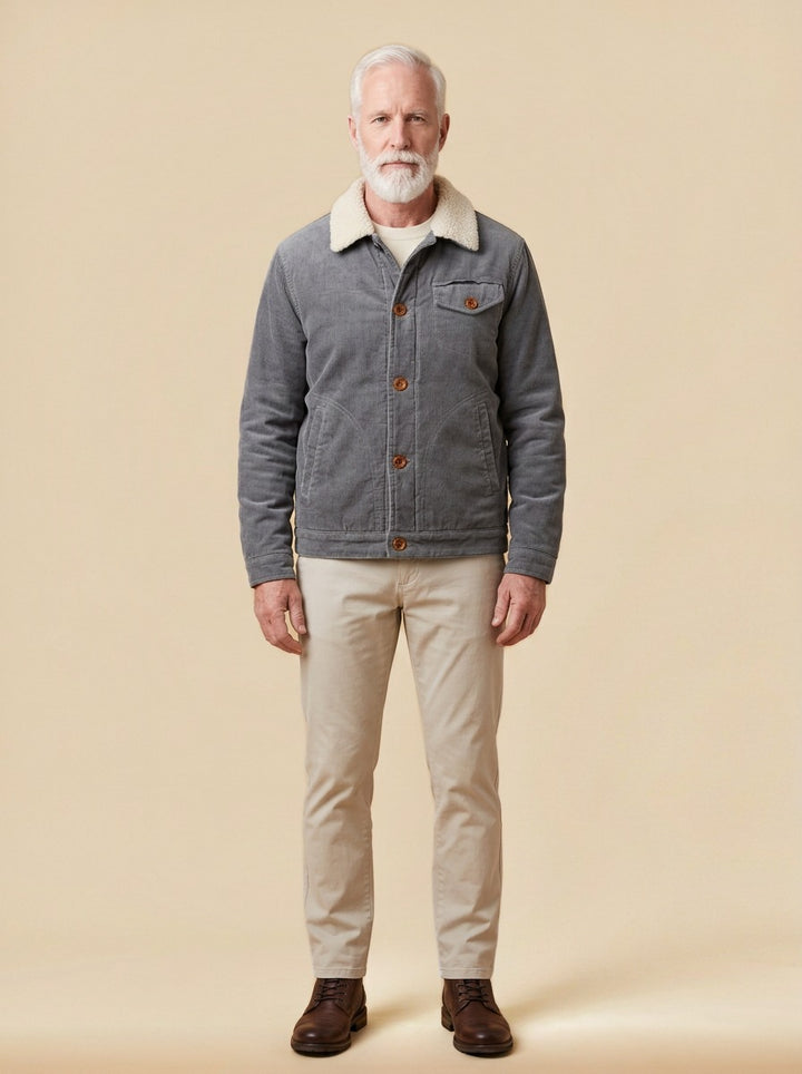 Denton corduroy trucker jacket in Grey, studio, Gentlemens Manor