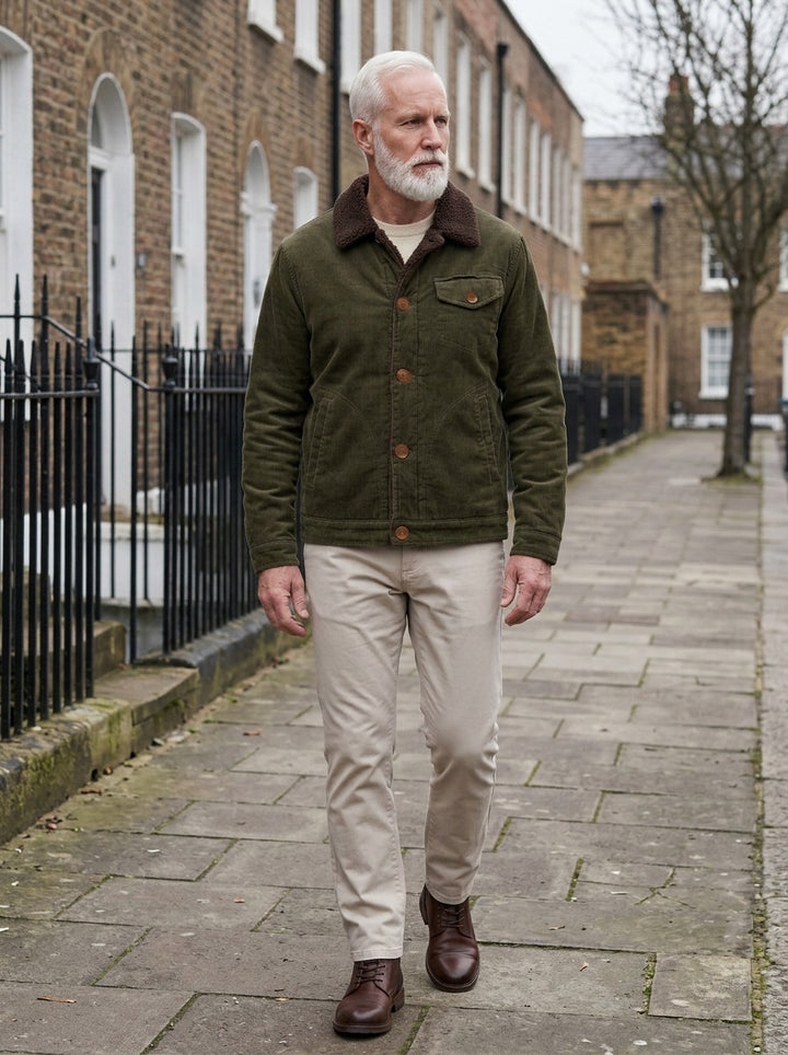 Denton corduroy trucker jacket in Olive, lifestyle on a street of brick row houses, Gentlemens Manor