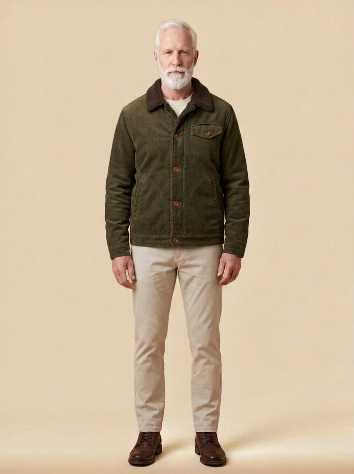 Denton corduroy trucker jacket in Olive, studio, Gentlemens Manor