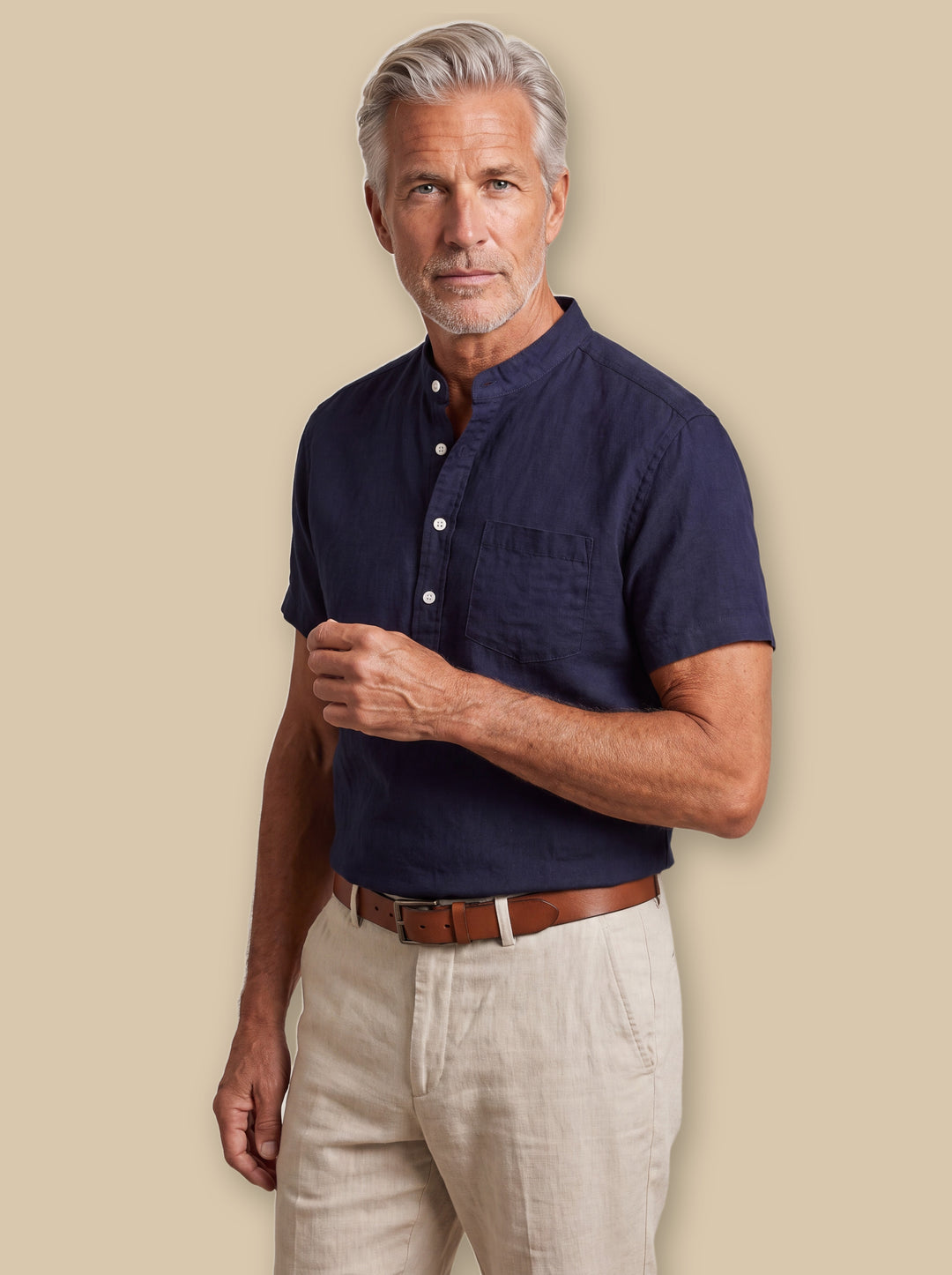 Denver casual shirt in Navy, worn by a model on a warm sand studio background - Gentlemens Manor