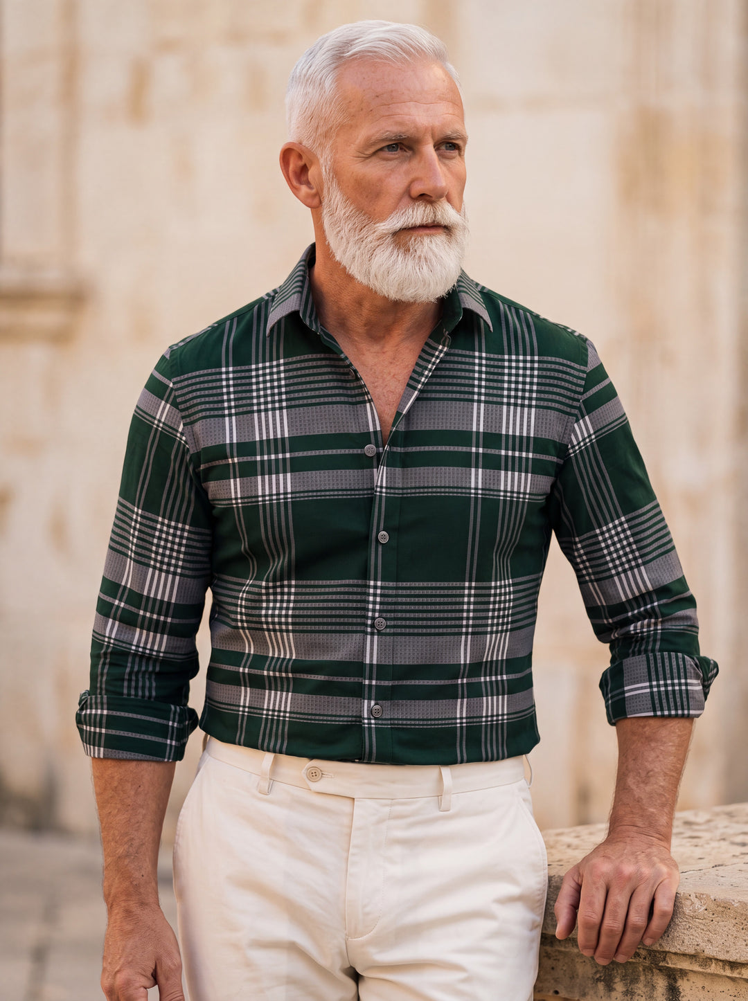Dexter shirt in Green, worn by a model in a Mediterranean setting - Gentlemens Manor lifestyle