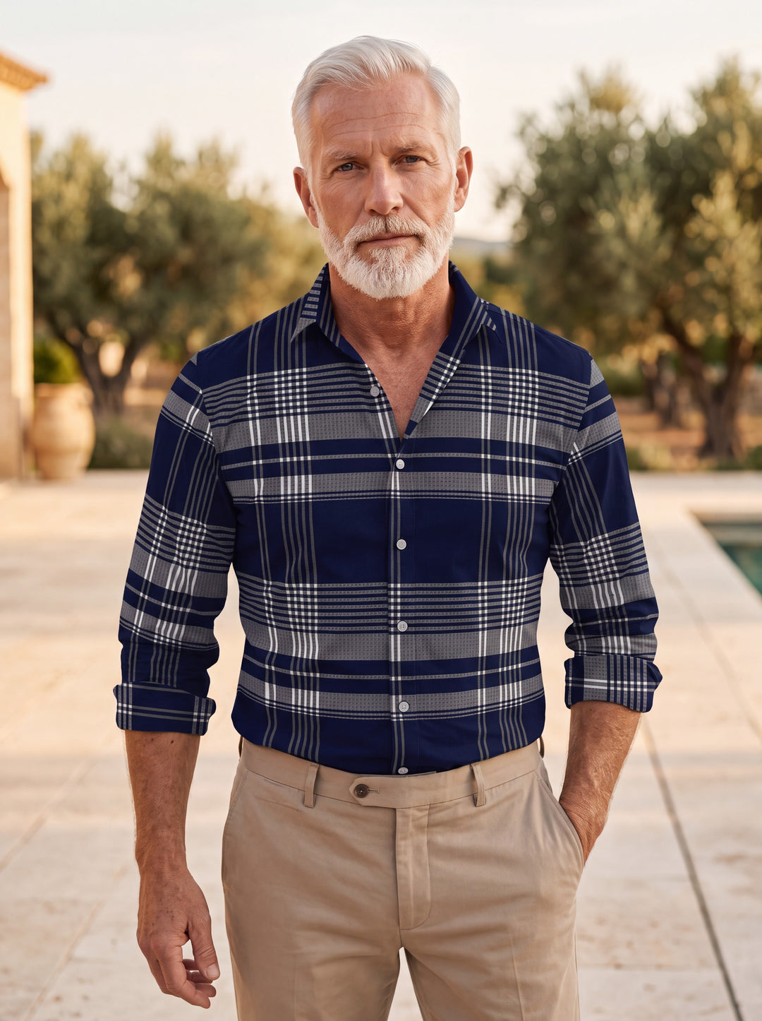 Dexter shirt in Navy, worn by a model in a Mediterranean setting - Gentlemens Manor lifestyle